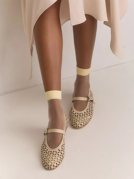 Cream Flats Mary Janes With Floral Cutout And Buckled Strap