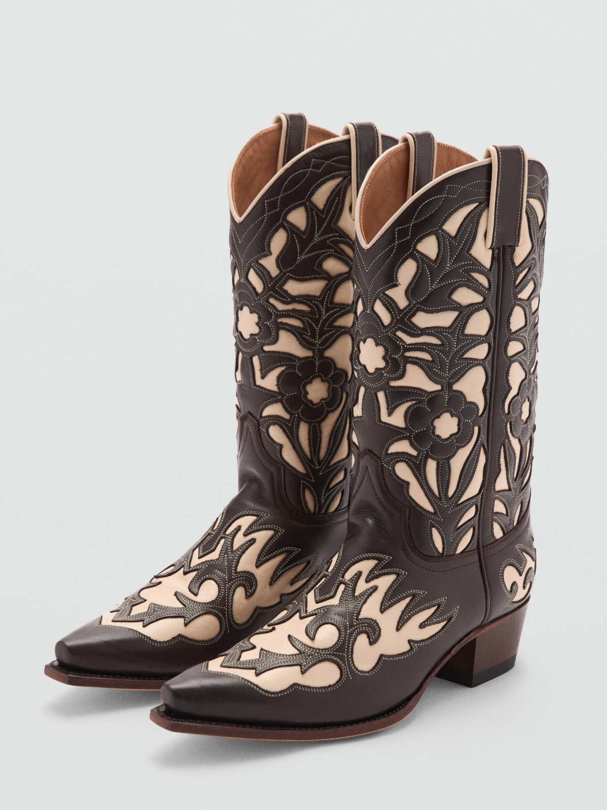 Two-Tone Vegan Leather Snip-Toe Floral Inlay Embroidery Wide Mid Calf Cowgirl Boots