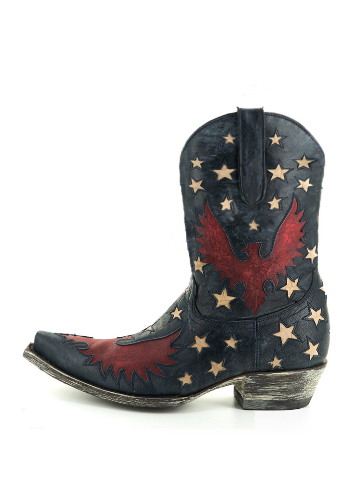 Navy Blue Snip-Toe Star And Eagle Inlay Wide Mid Calf Short Cowgirl Boots