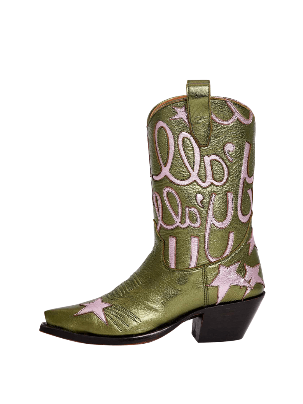 Metallic Green Snip-Toe Star And Letters Inlay Applique Wide Mid Calf Cowgirl Boots