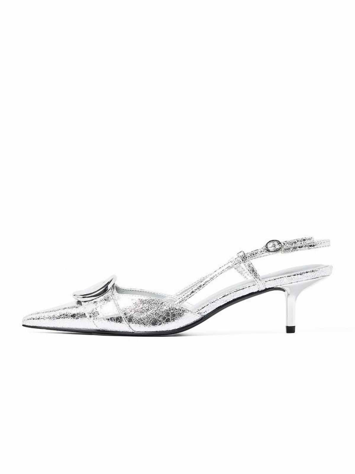 Metallic Silver Pointed-Toe Slingback Pump Kitten Heels With Circular Buckle