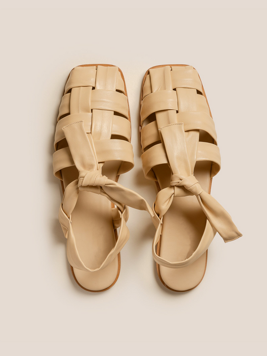 Desert Sand Interwoven Square-Toe Flats Sandals With T-Strap Knotted Bow