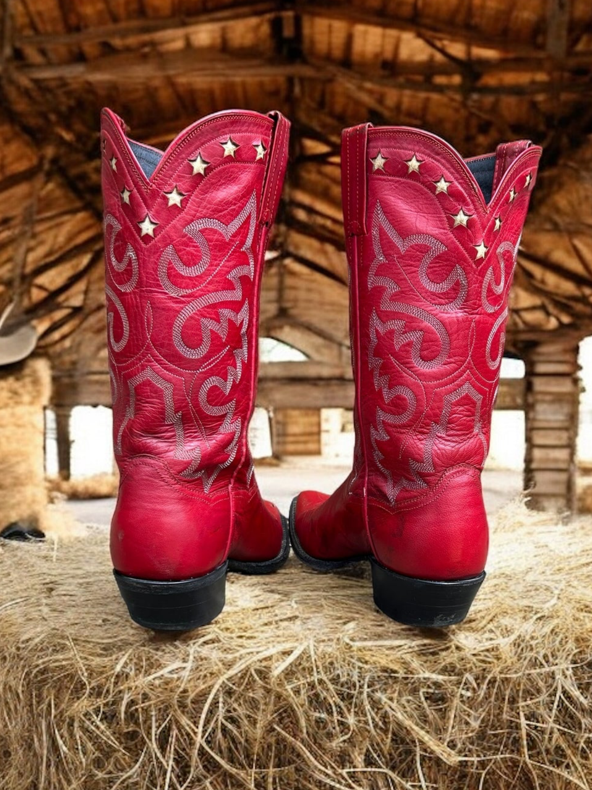 Red Embroidery White Star Inlay Pointed-Toe Wide Mid Calf Tall Cowgirl Boots