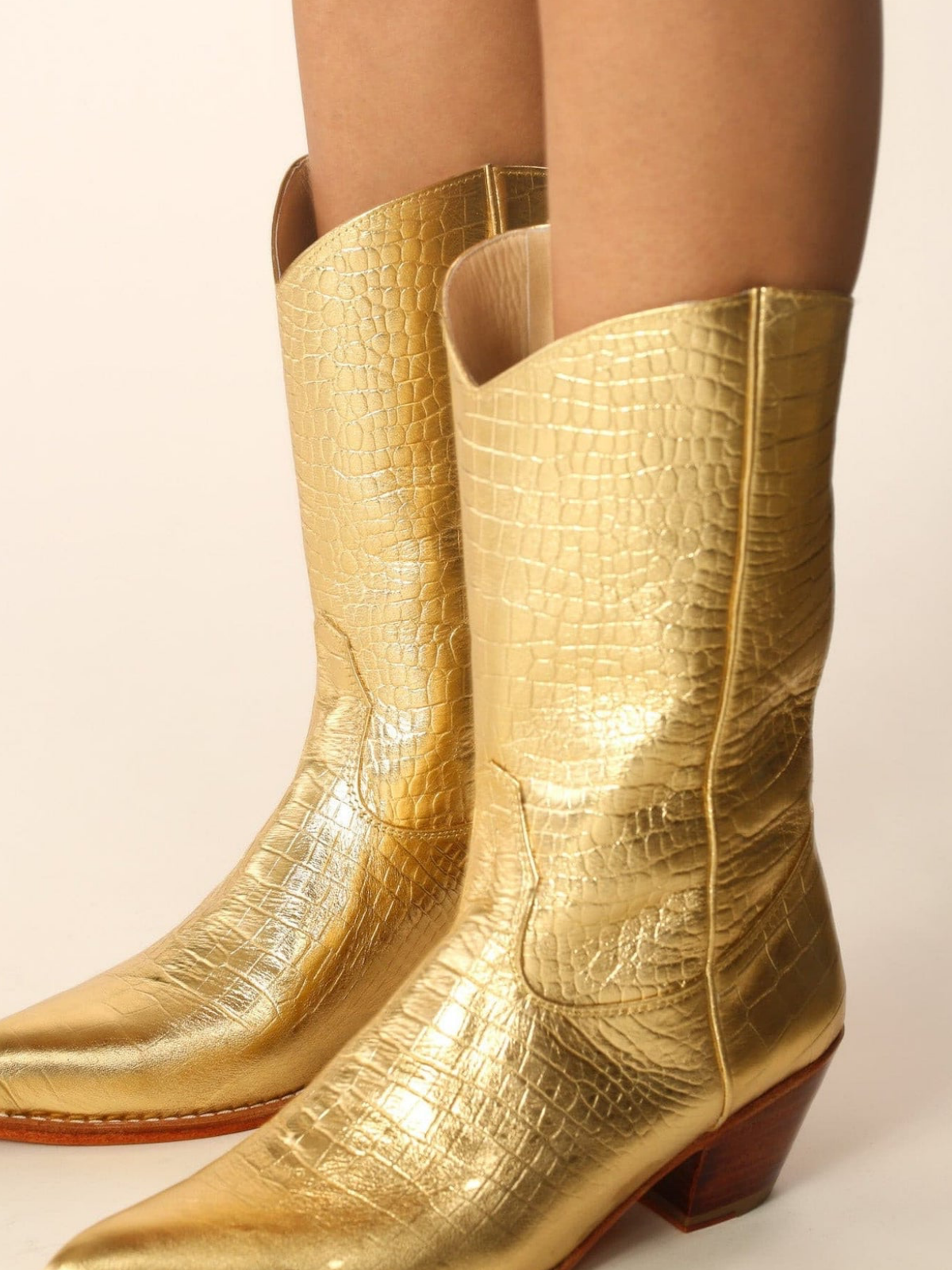 Metallic Gold Crocodile-Embossed Almond-Toe Back-Zip Mid Calf Cowgirl Boots