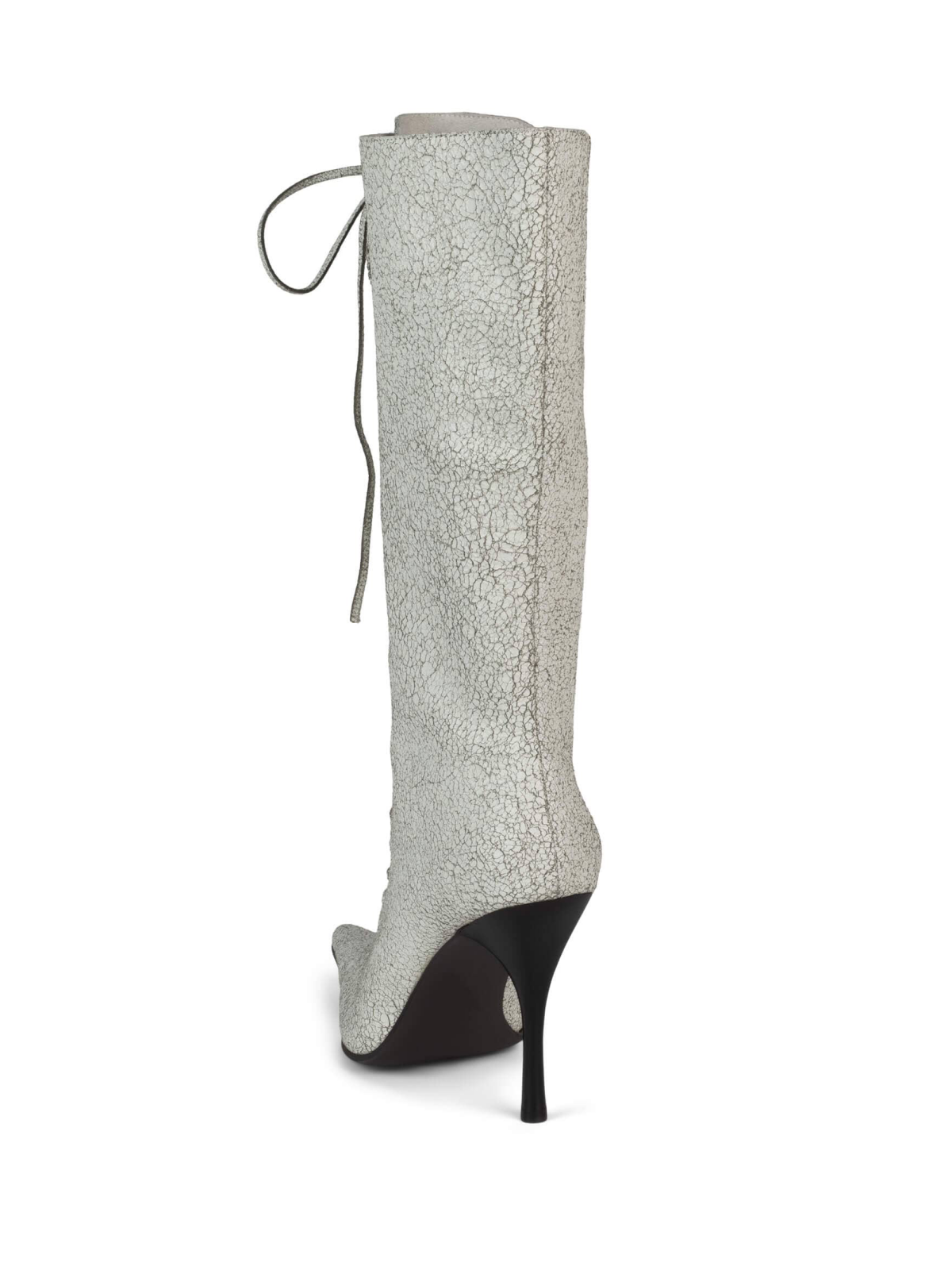 Distressed Ivory Pointed-Toe Lace-Up Full-Zip Mid Calf Stiletto Boots