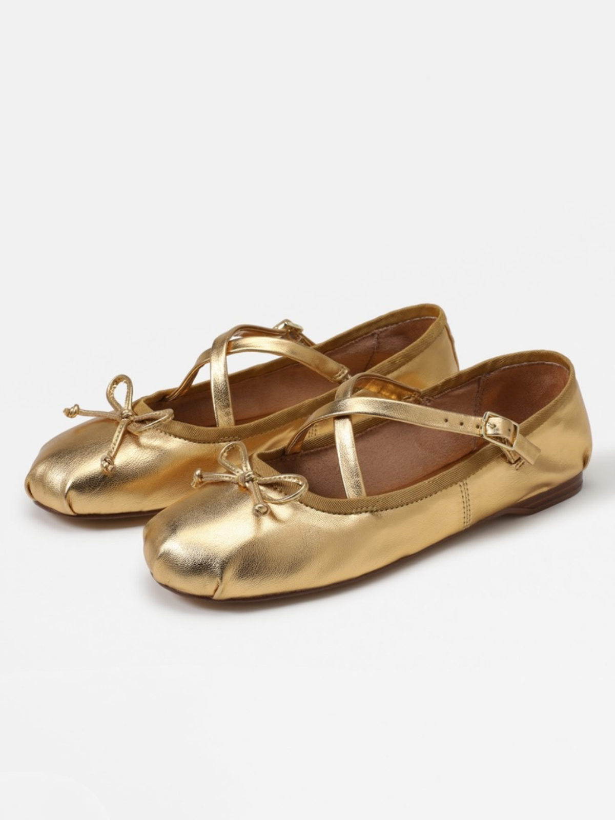 Metallic Gold Bow Ballerina Flats With Crossed Buckled Strap