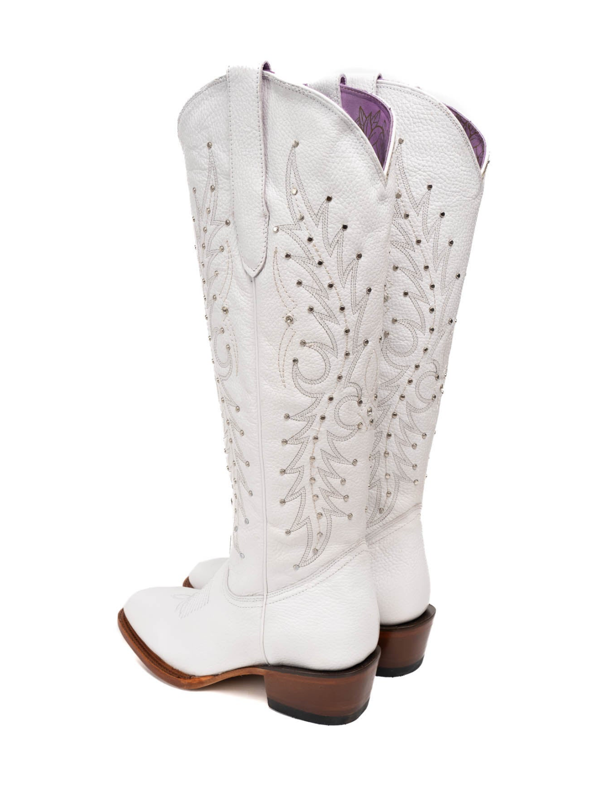 Studded Rhinestone Square-Toe Embroidery Half-Zip Tall Knee High Cowgirl Boots - White