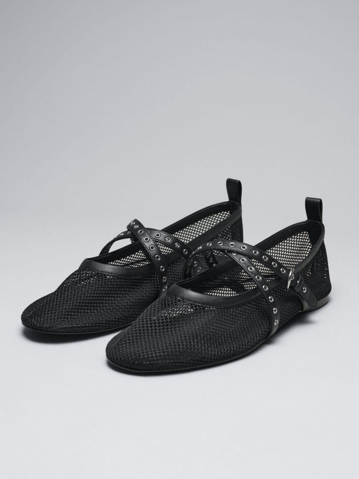 Black Mesh Round Toe Ballet Flats With Crossed Grommet Eyelet Buckled Strap