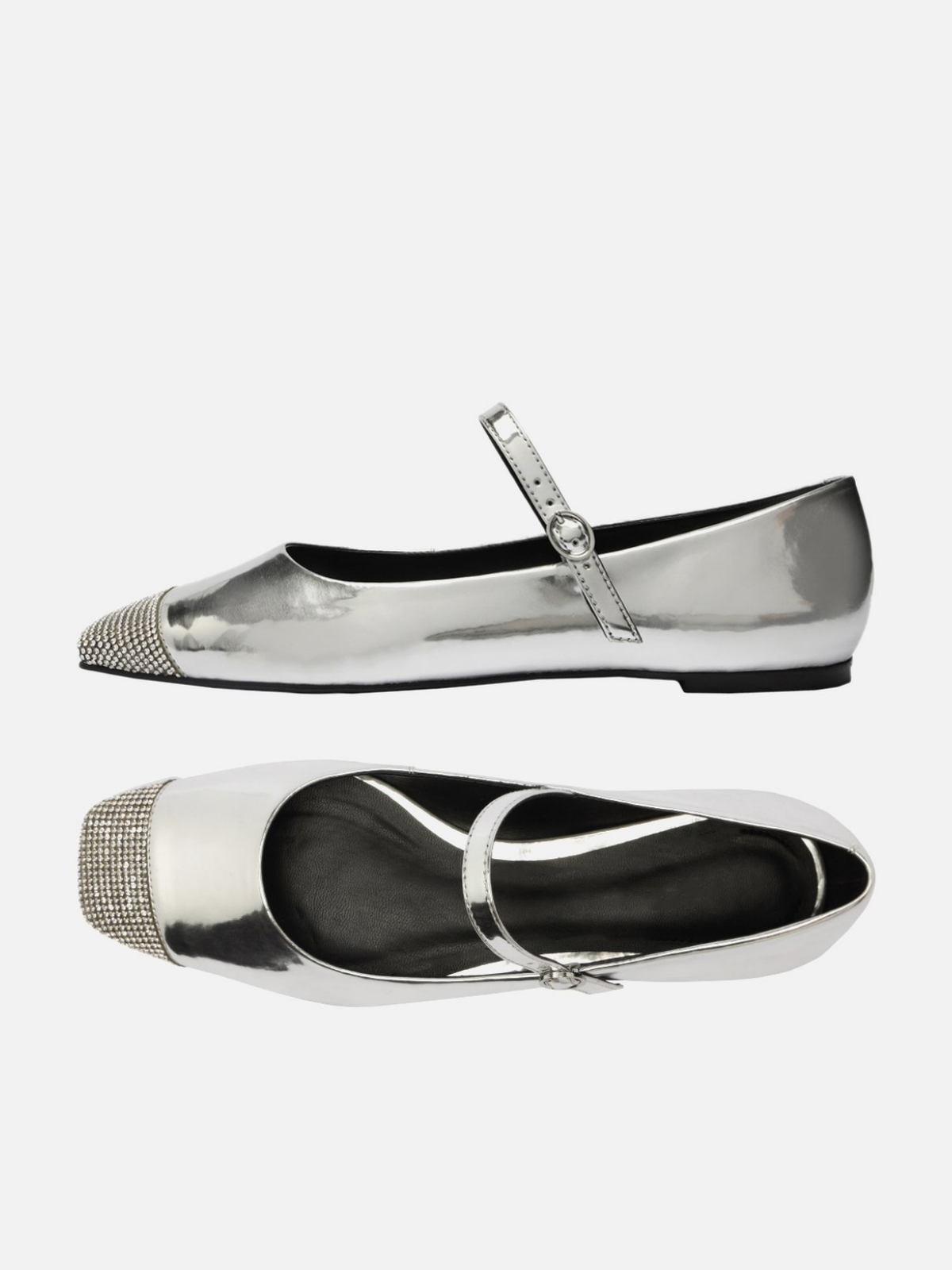 Metallic Silver Sparkle Rhinestone Square-Toe Mary-Jane Flats