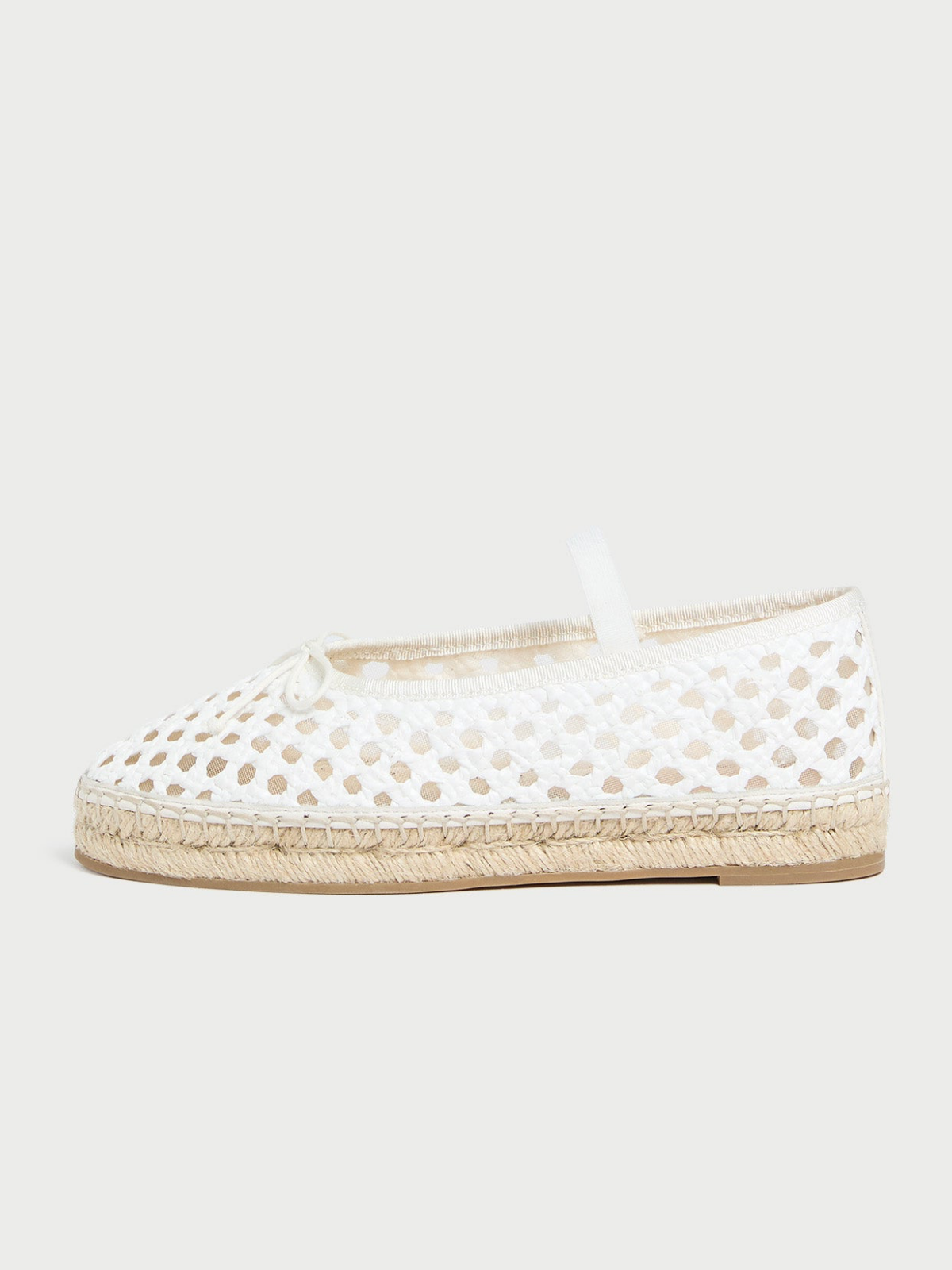 White Almond-Toe Elastic Bridge Strap Mesh Bow Espadrille Ballet Flats