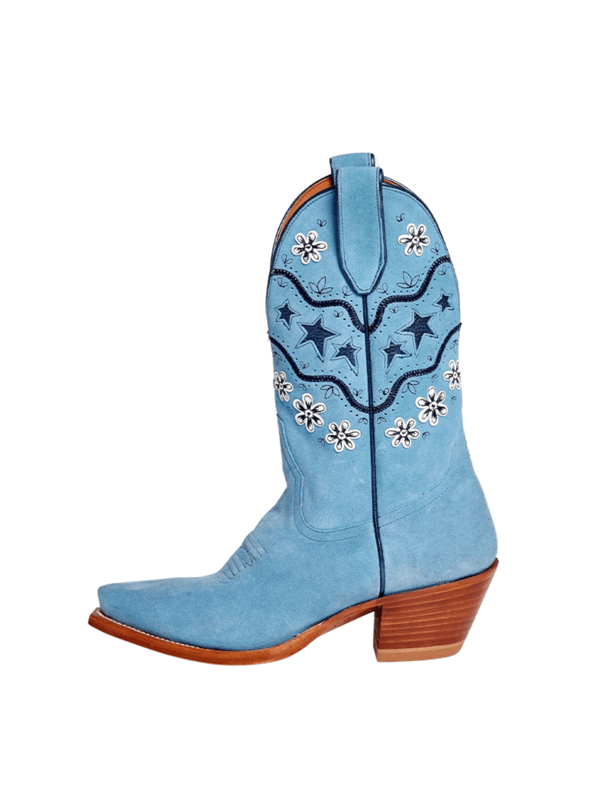 Blue Faux Suede Snip-Toe Stars Inlay And Flowers Applique Wide Mid Calf Cowgirl Boots