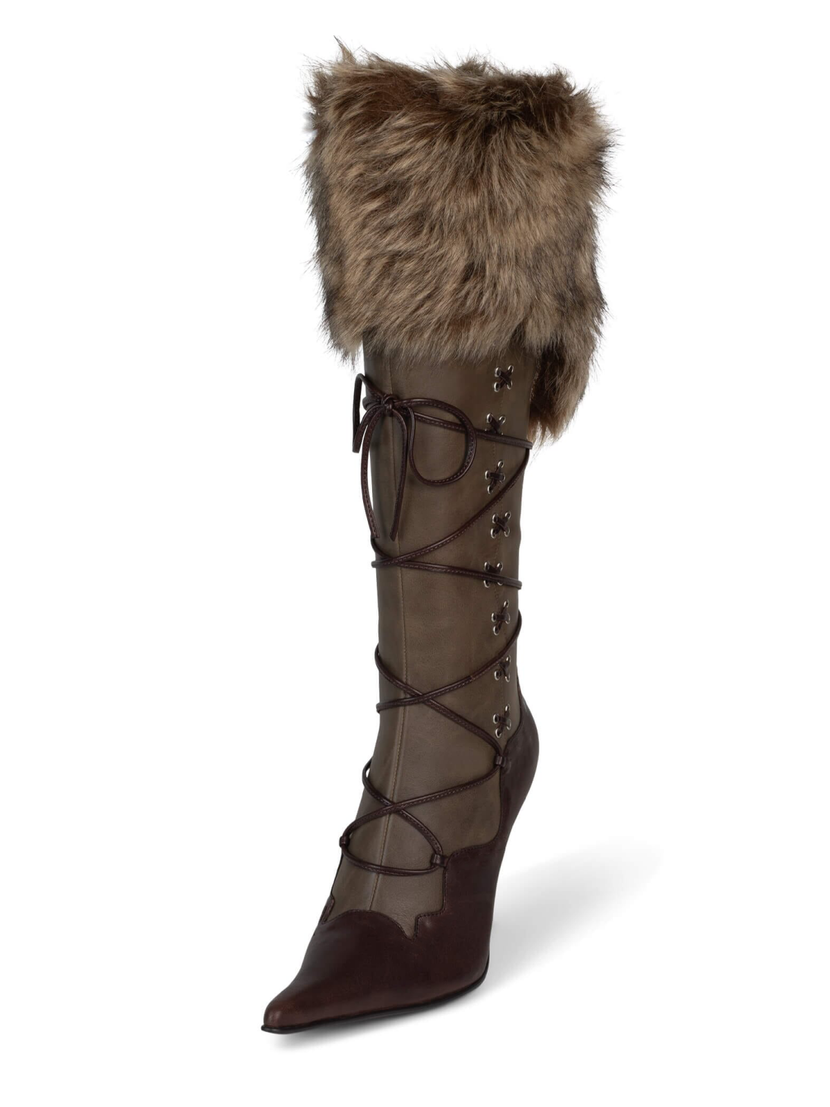 Contrast Black And Brown Full-Zip Mid Calf Stiletto Boots With Lace-Up And Plush Collar