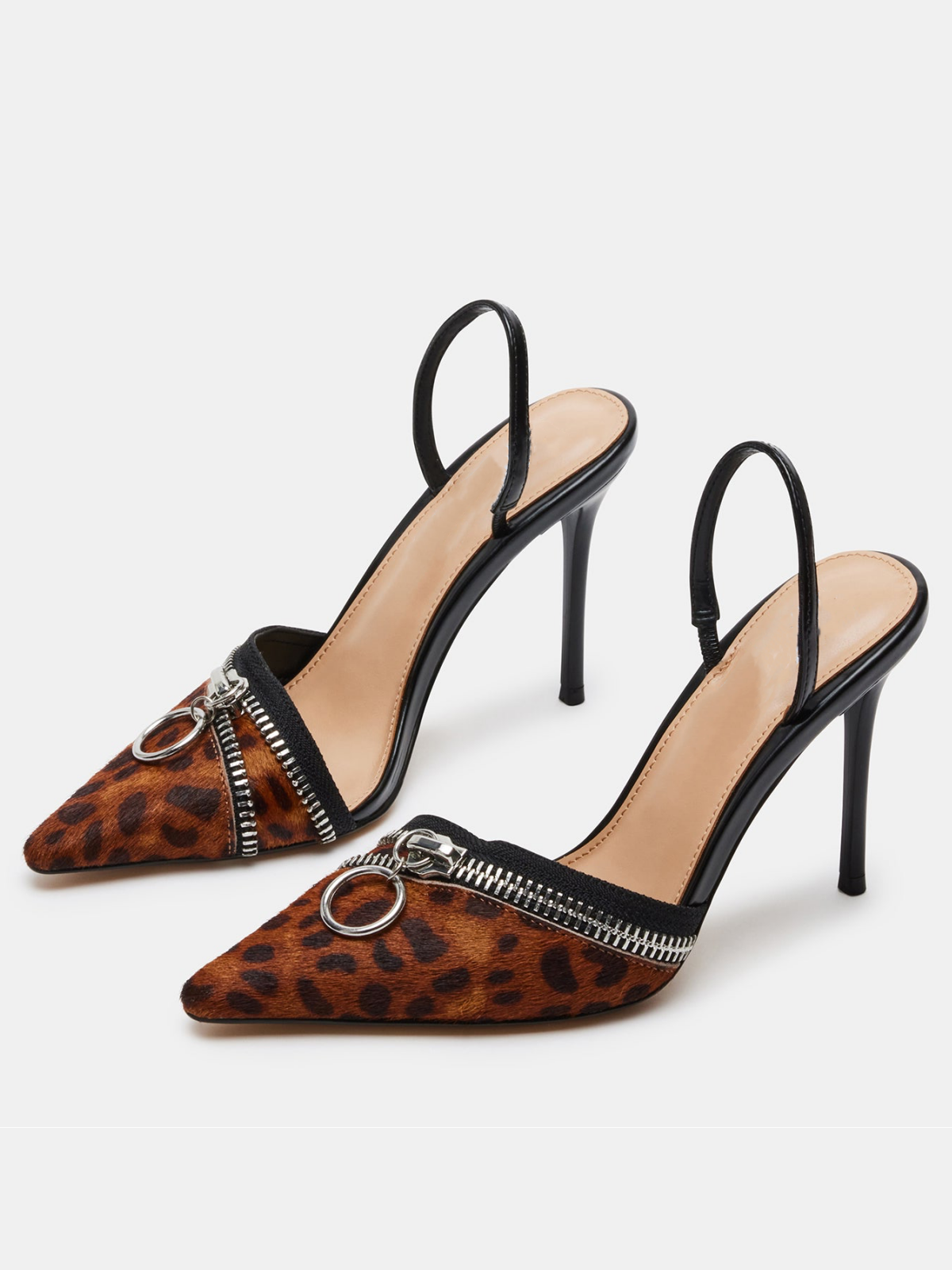 Leopard-Print Pony Hair Pointed-Toe Zipper High Heels