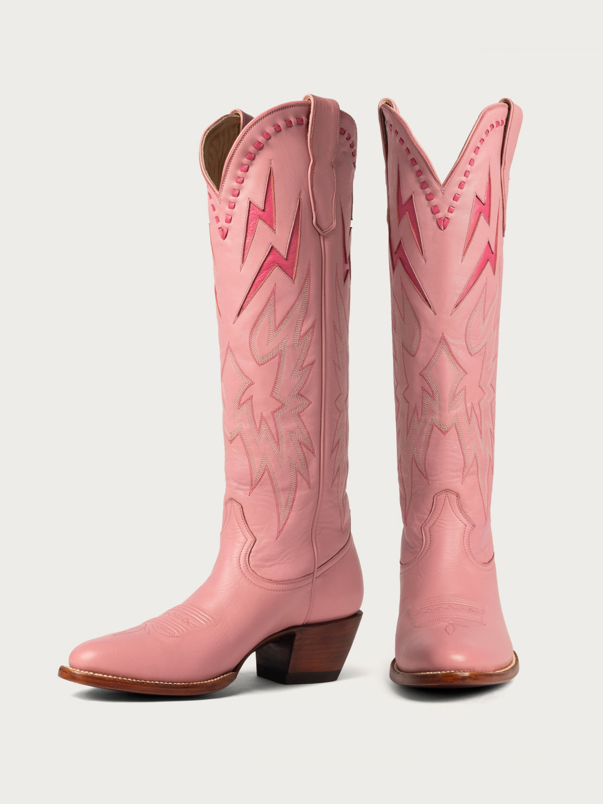 Lightning Inlay Stitch Embroidery Almond-Toe Wide Mid Calf Cowgirl Boots - Pink