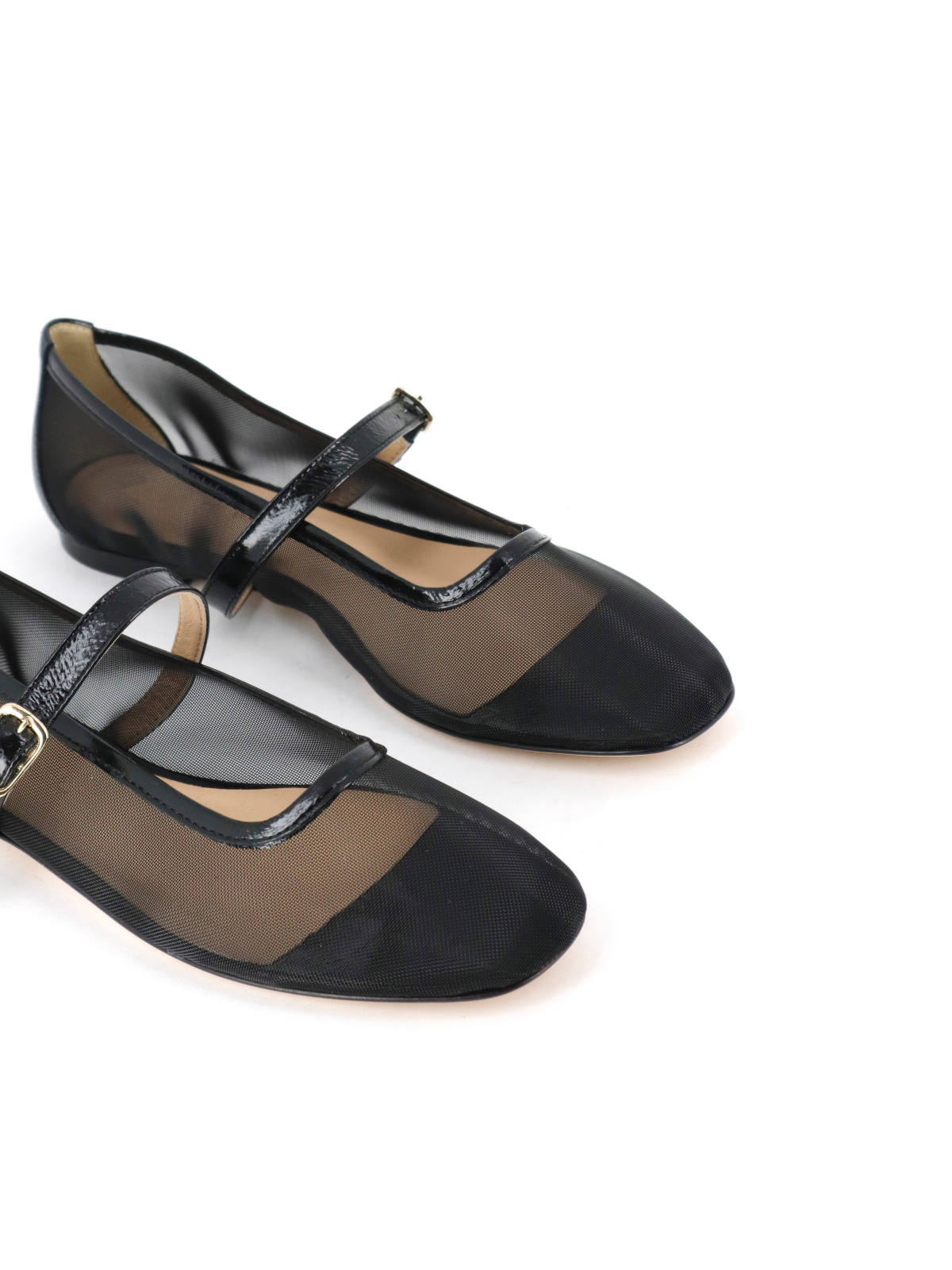 Round-Toe Ballet Flats Mary Janes with Adjustable Strap In Black Mesh