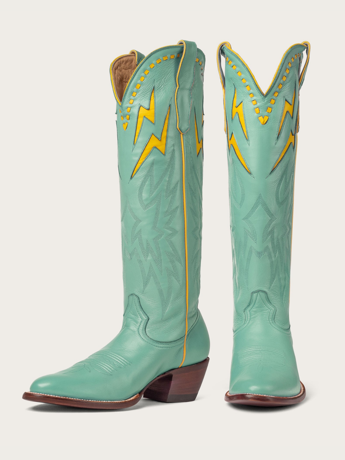 Yellow Lightning Inlay Stitch Embroidery Almond-Toe Wide Mid Calf Tall Cowgirl Boots - Green