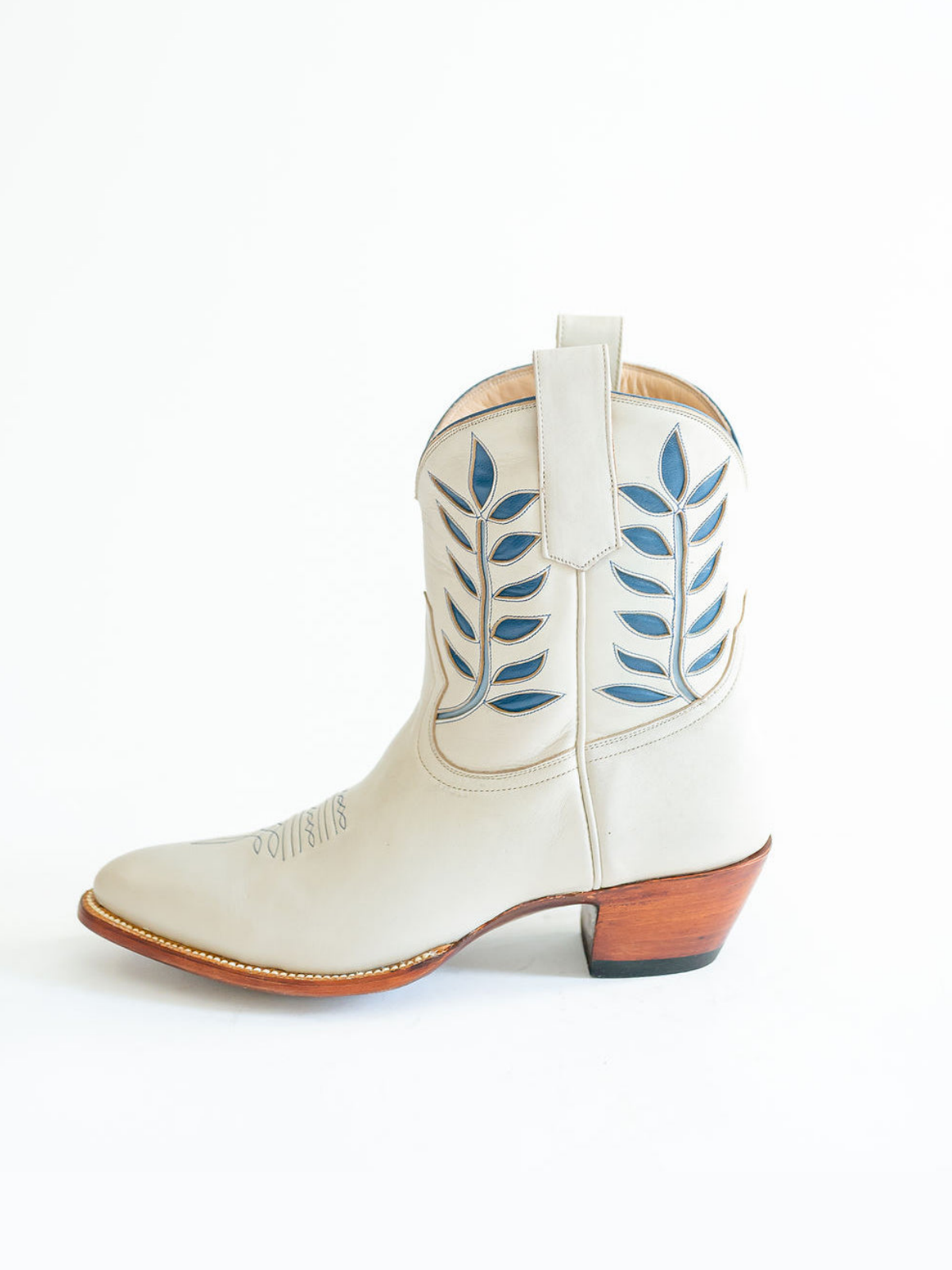 Ivory Almond-Toe Blue Leaves Inlay Wide Mid Calf Cowgirl Boots