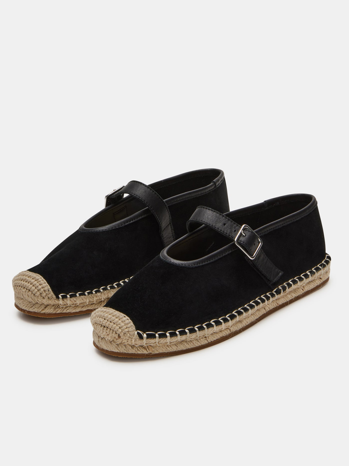 Black Faux Suede Round-Toe Bridge Strap Side Buckle Mary Janes Espadrille Flats