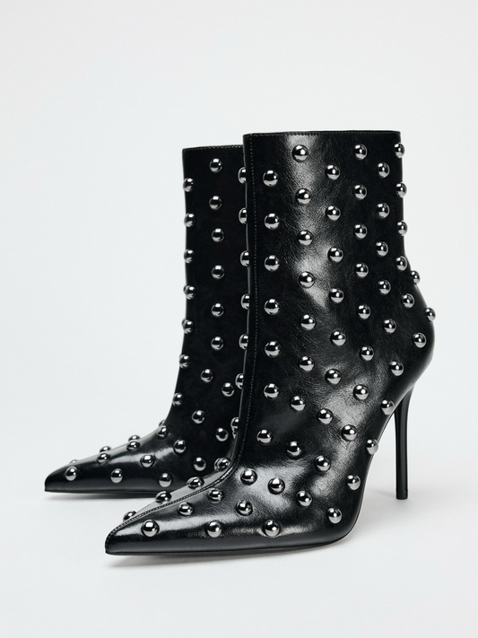 Black Pointed-Toe Studded Full-Zip Stiletto Ankle Booties