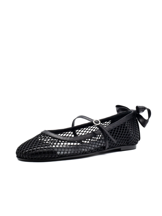 Black Fishnet Bow Round-Toe Ballet Flats Mary Janes With Buckled Strap