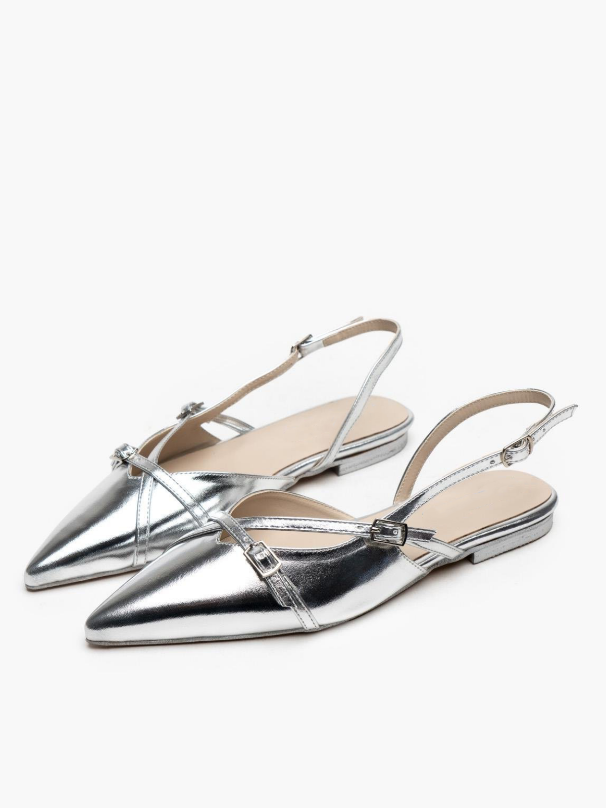 Metallic Silver Buckled Belt Detail Pointy Ballet Flats Slingbacks