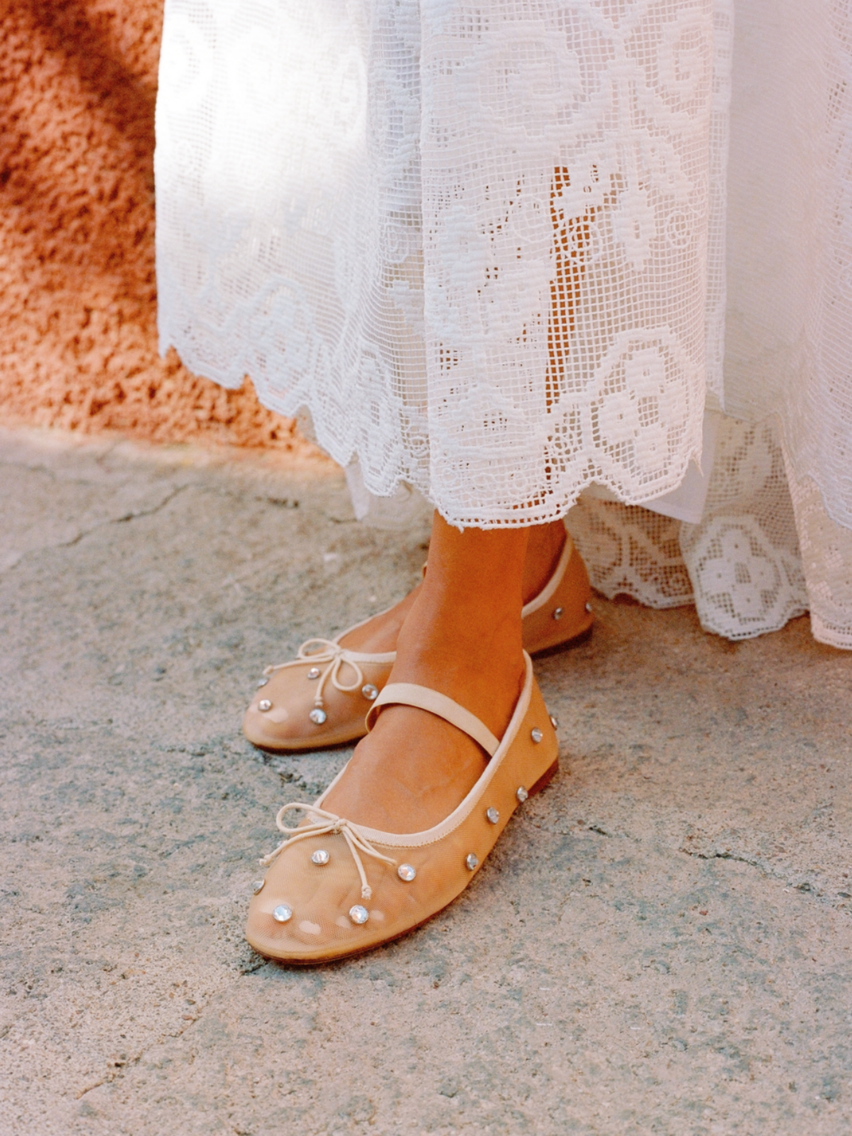 Nude Mesh Bow Round-Toe Mary-Jane Cute Ballet Flat With Sparkle Rhinestones