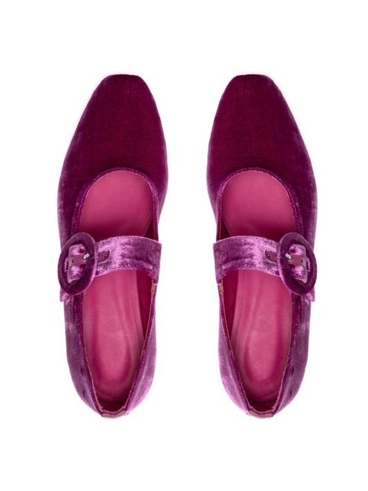 Mulberry Velvet Elongated Ballet Flats Mary Janes With Oversized Buckle