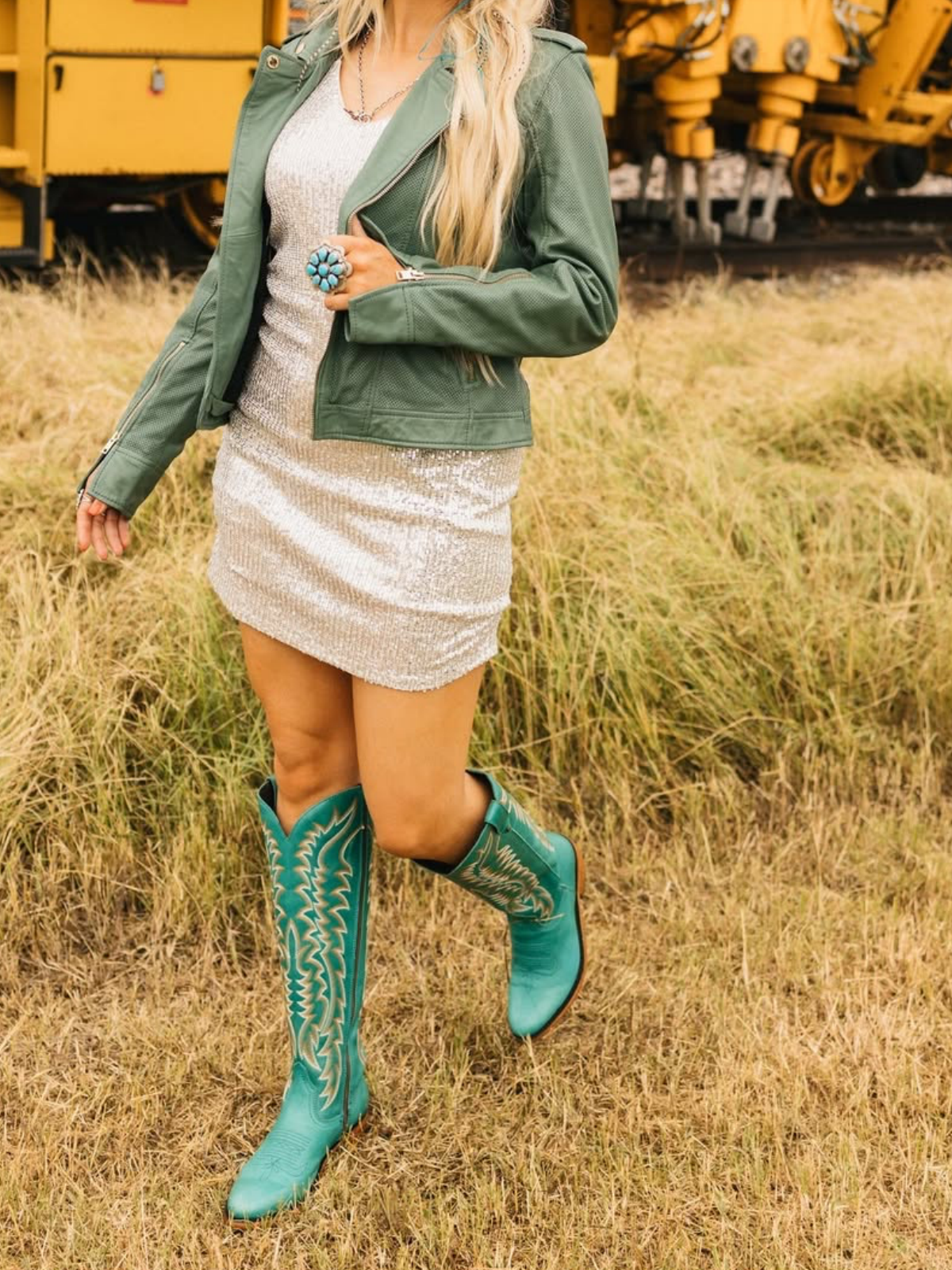 Full-Zip Almond-Toe Classic Embroidery Tall Knee High Cowgirl Boots - Green