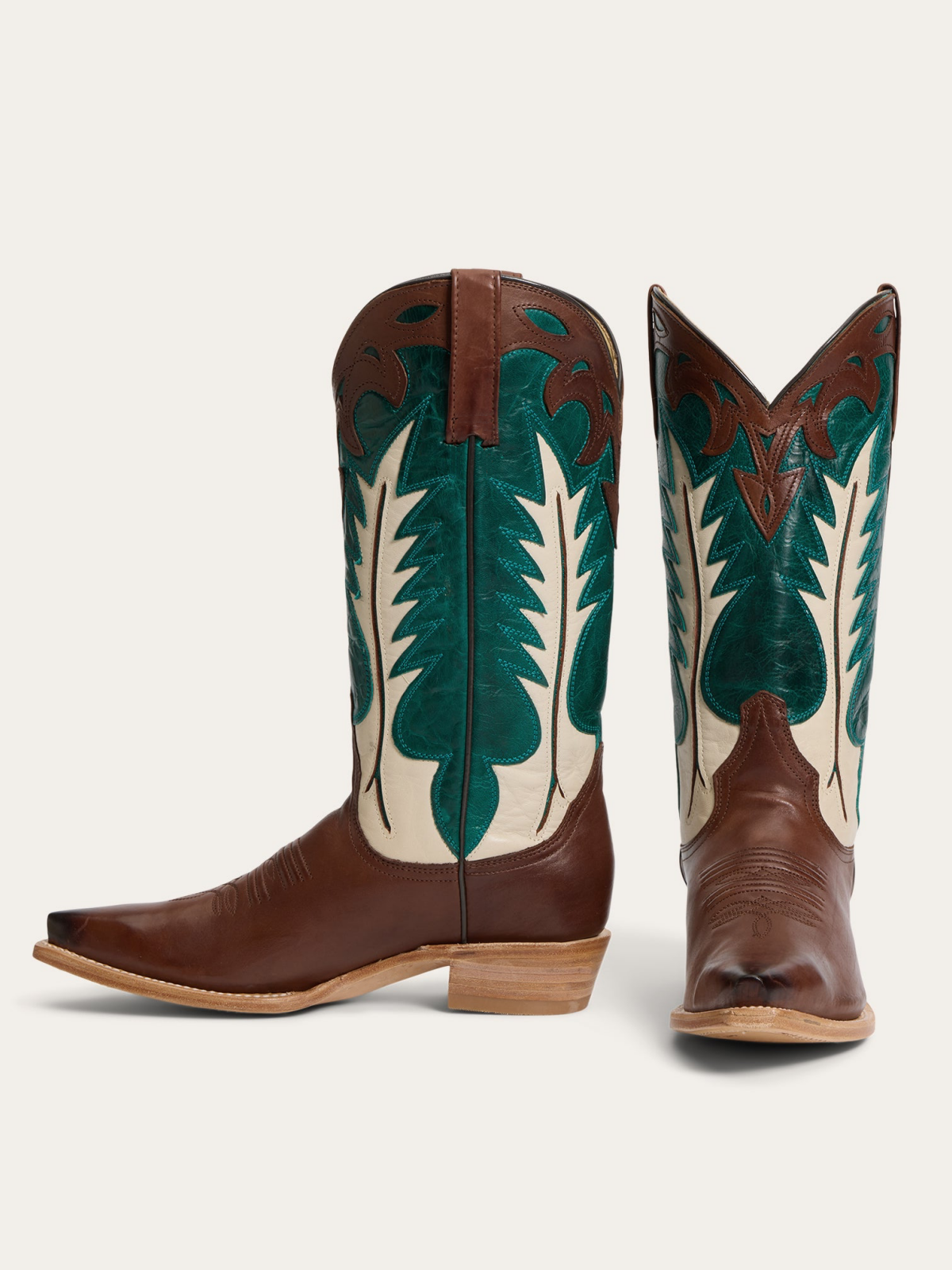 Contrast Brown And Dark Turquoise Snip-Toe Flame Inlay Wide Mid Calf Tall Western Boots