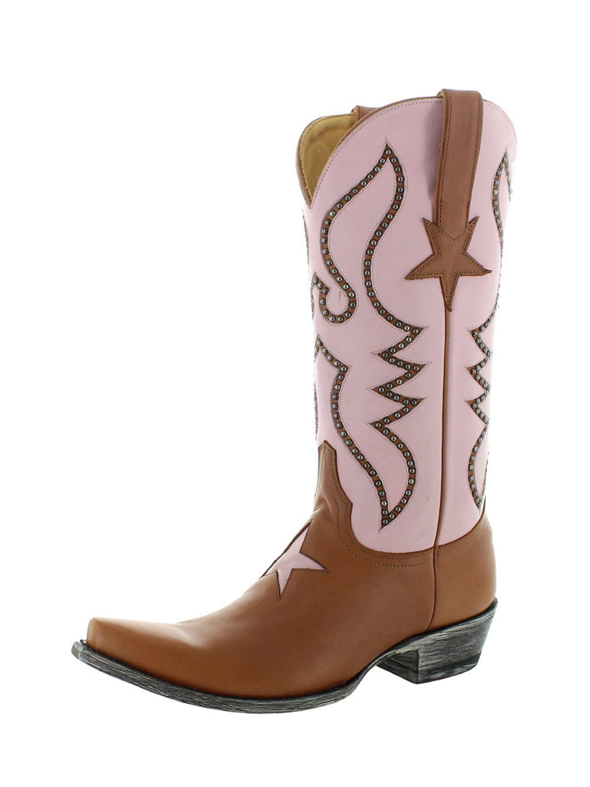 Contrast Brown And Light Pink Snip-Toe Studded Star Inlay Wide Mid Calf Cowgirl Boots