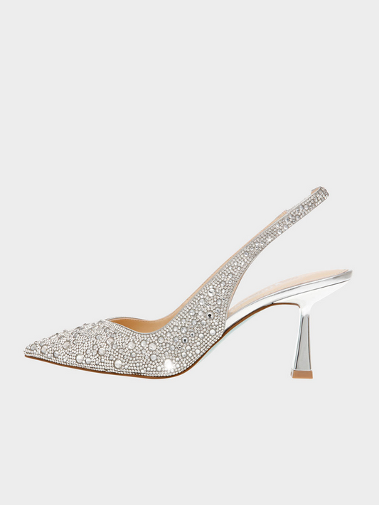 Metallic Silver Pointed-Toe Rhinestone Slingback Kitten Heels