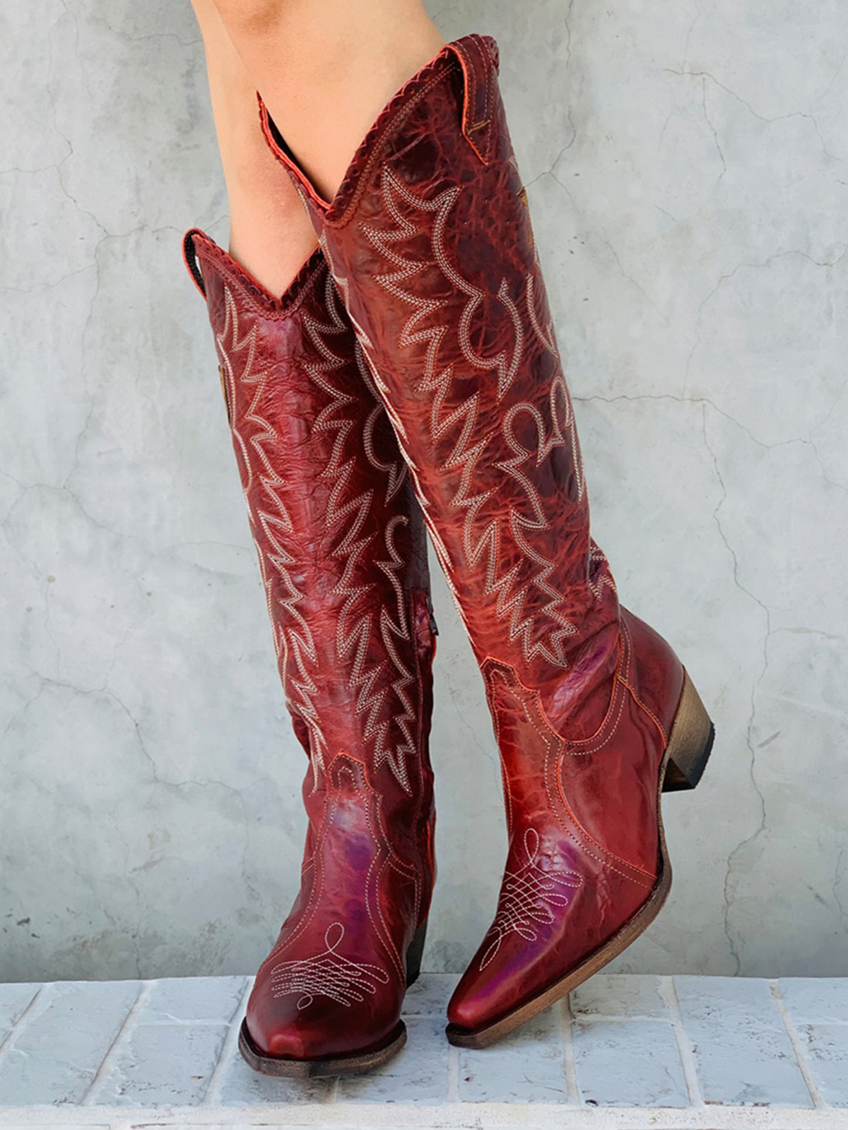 Distressed Snip-Toe Classic Embroidery Half-Zip Knee High Tall Cowgirl Boots - Red