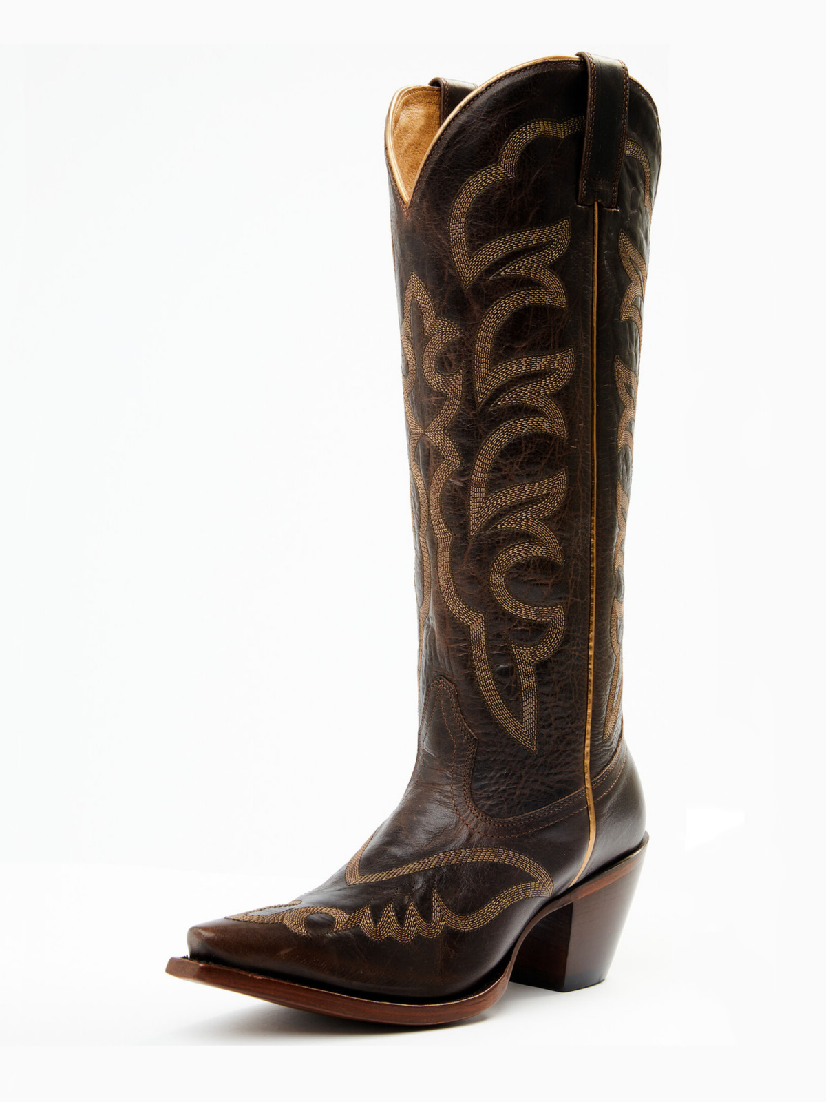 Brown Embroidery Snip-Toe Tall Wide Mid Calf Cowboy Boots For Women