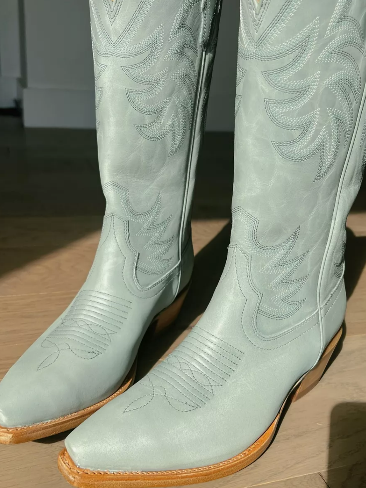 Baby Blue Snip-Toe Embroidery Wide Mid Calf Tall Cowboy Boots For Women