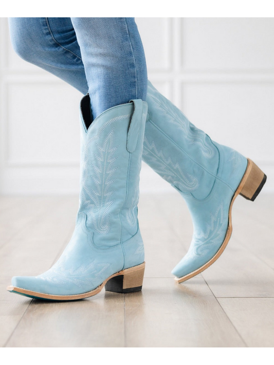 Powder Blue Snip-Toe Embroidery Wide Mid Calf Tall Western Boots For Women