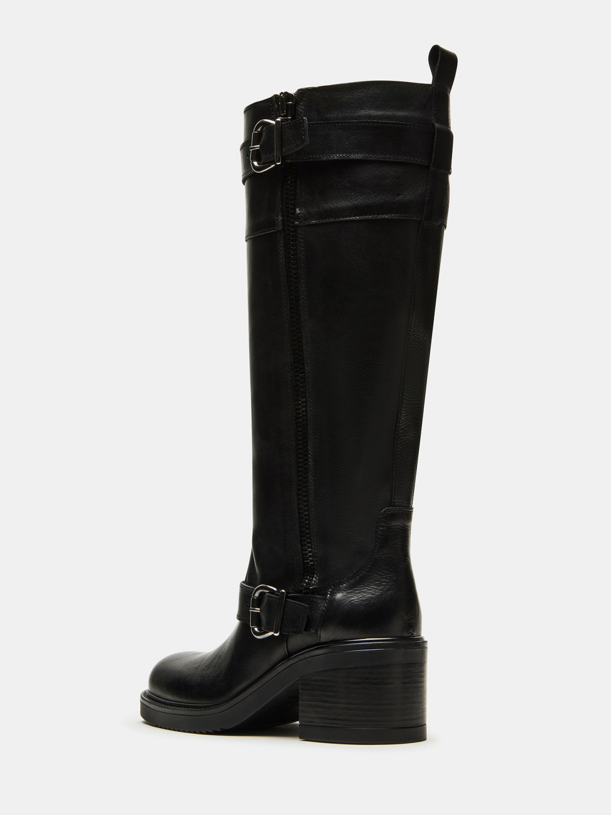 Black Round Square-Toe Mid Calf Full-Zip Cowgirl Boots With Buckles