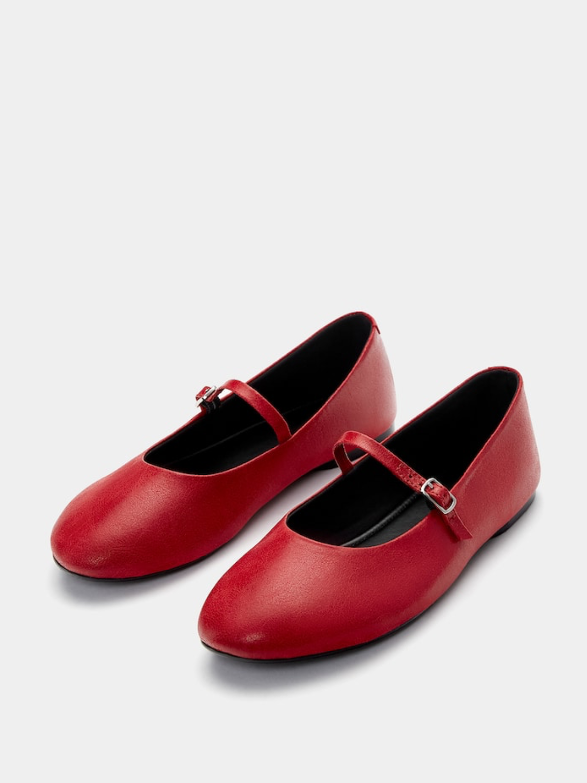 Buckled Detailed Strappy Oval Ballet Flats Mary Janes In Red