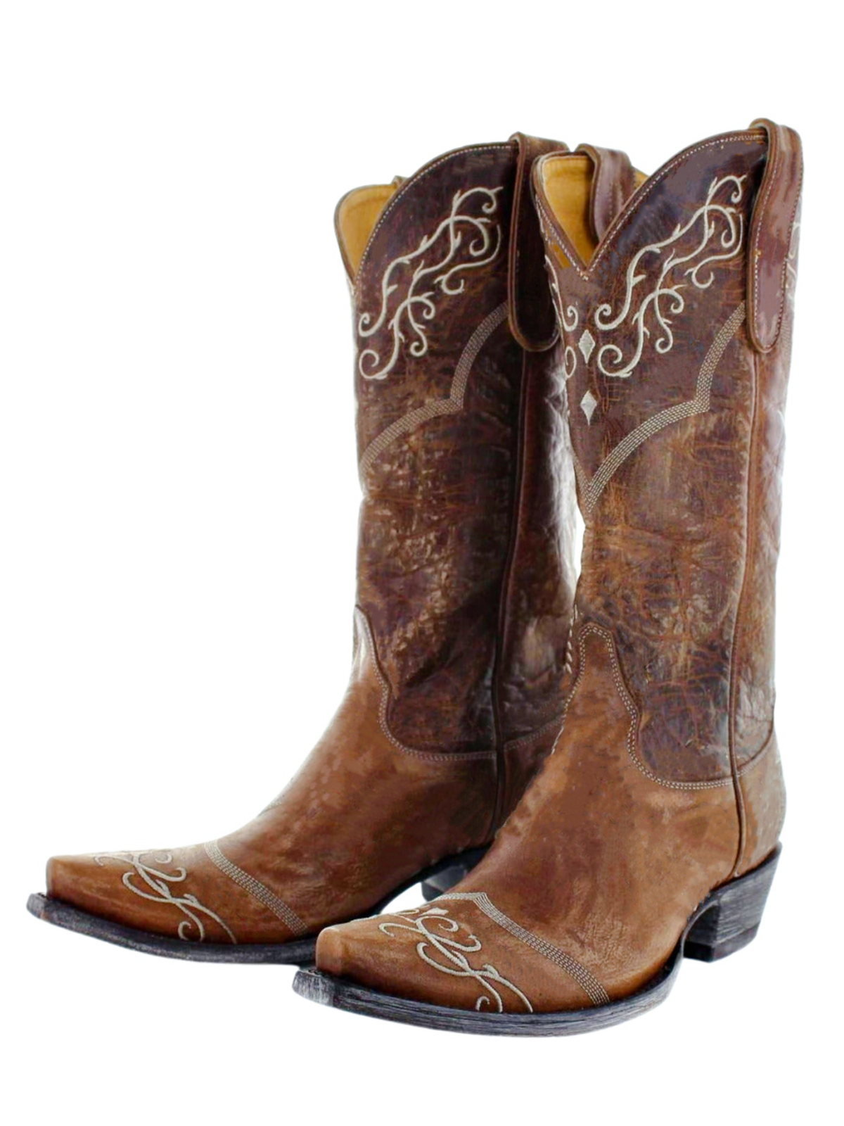 Distressed Brown Snip-Toe Embroidery Tall Wide Mid Calf Cowgirl Boots