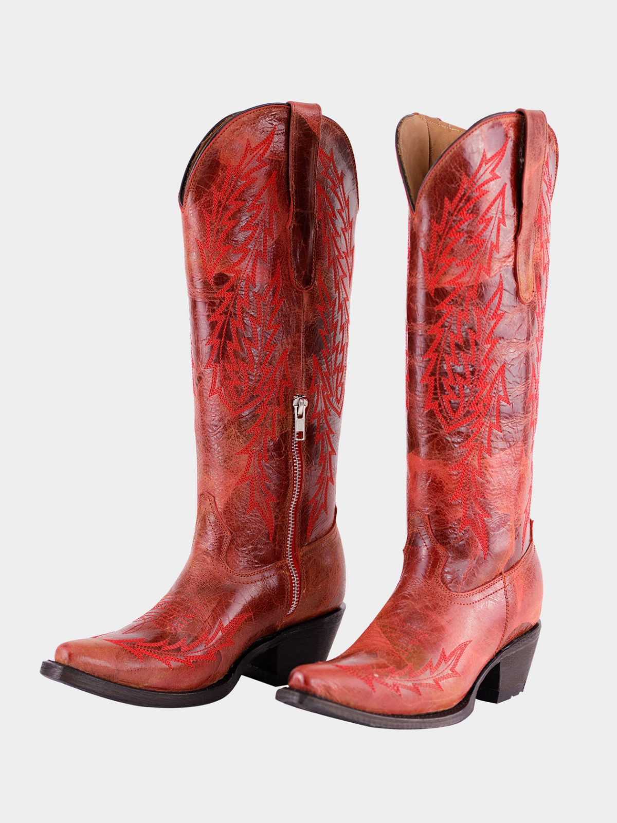 Distressed Snip-Toe Leaf Embroidery Half-Zip Mid Calf Tall Cowgirl Boots - Red