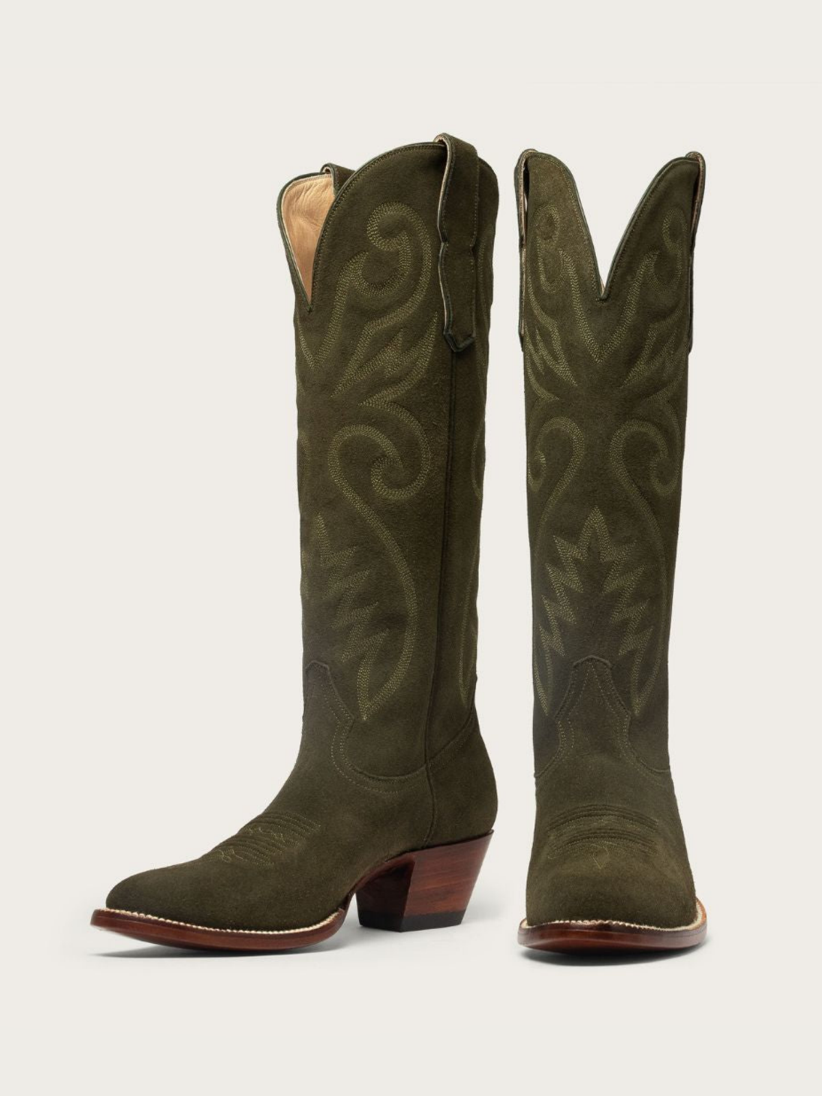 Green Faux Suede Embroidery Almond-Toe Wide Mid Calf Tall Cowgirl Boots