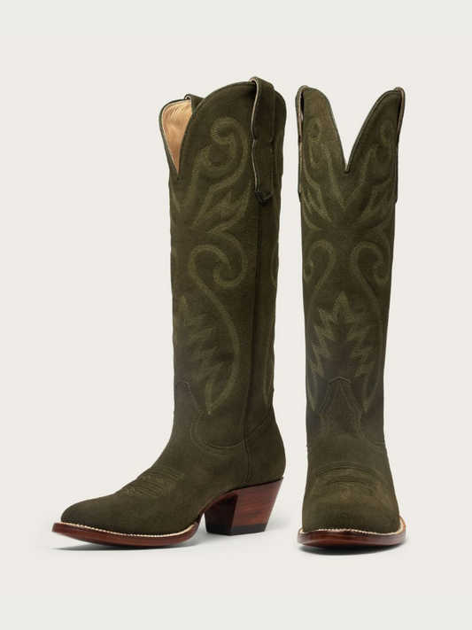 Green Faux Suede Embroidery Almond-Toe Wide Calf Knee High Tall Cowgirl Boots