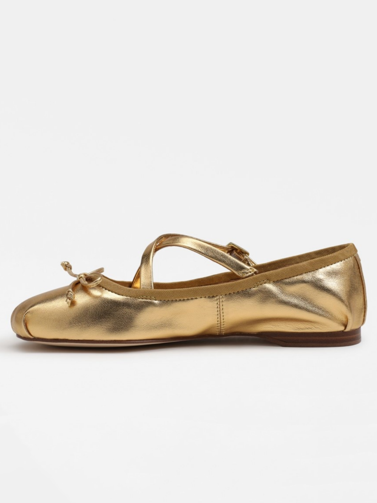 Metallic Gold Bow Ballerina Flats With Crossed Buckled Strap