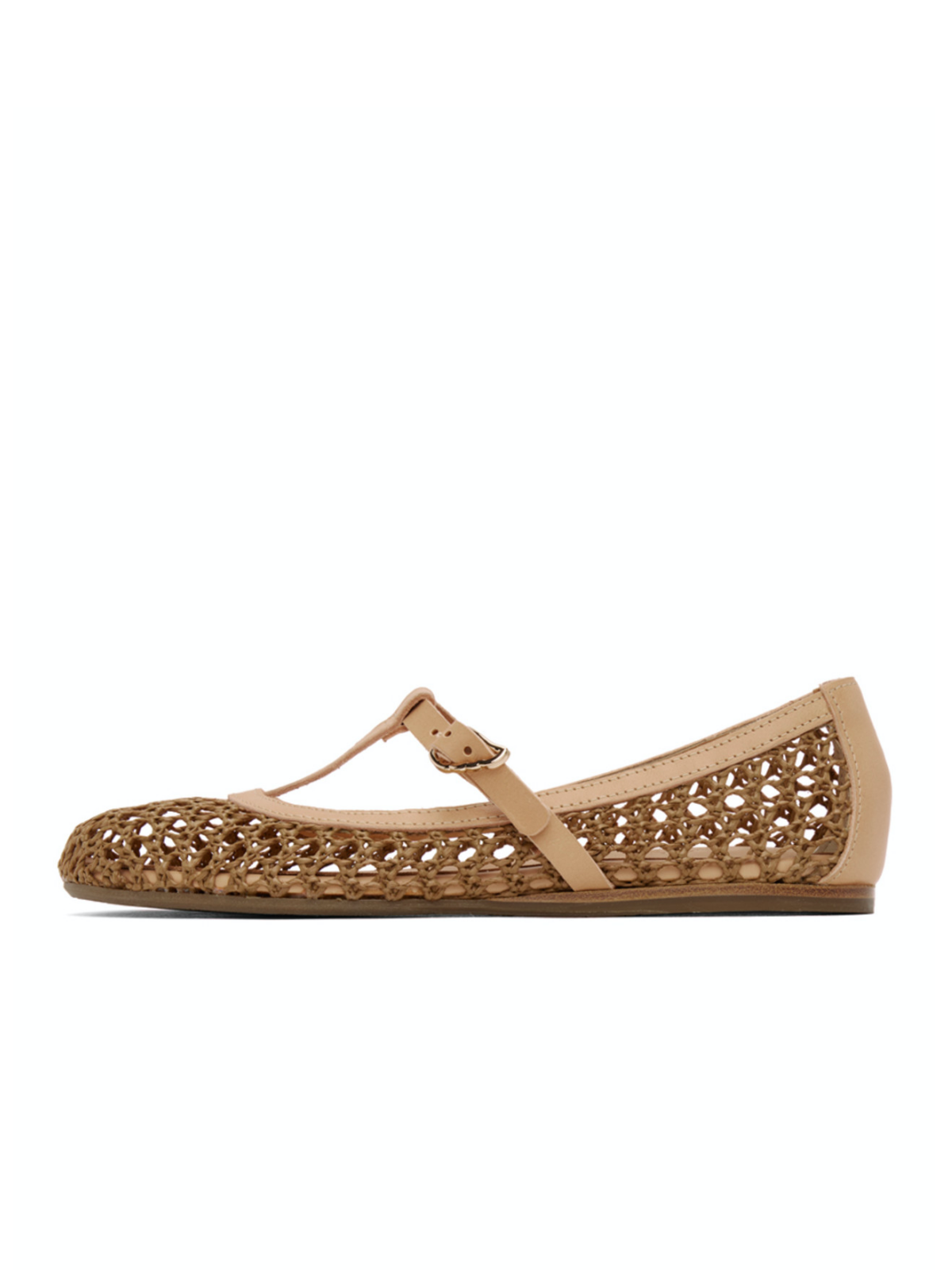 Dark Tan Crochet Raffia Woven Ballet Flats With Tan Buckled T-Strap