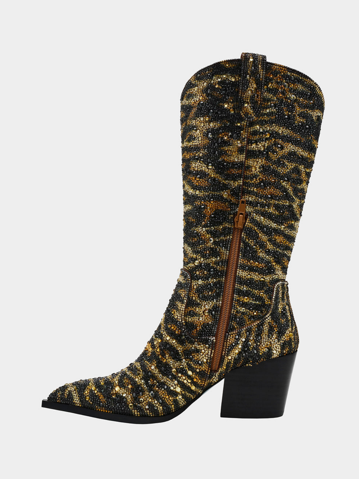 Leopard Round-Toe Rhinestone Half-Zip Mid Calf Cowgirl Boots