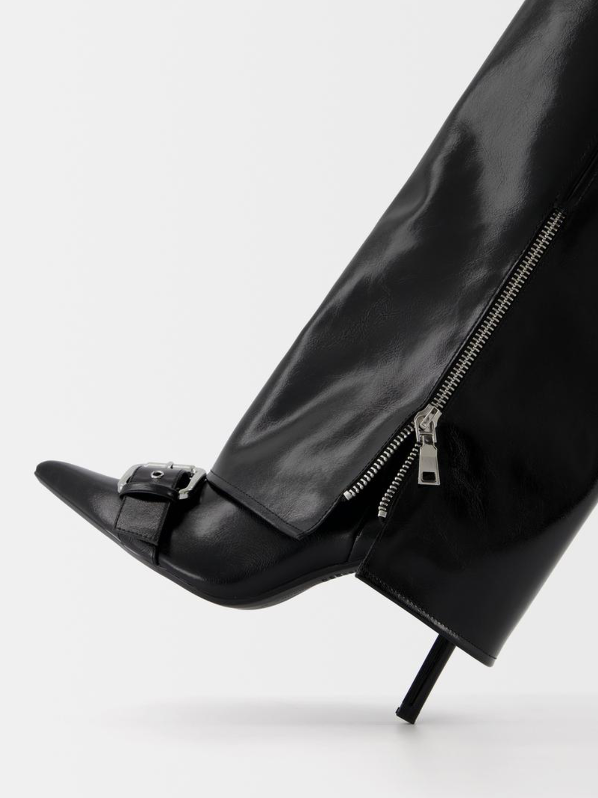 Black Pointed-Toe Fold-Over Mid Calf Half-Zip Stiletto Boots With Buckles