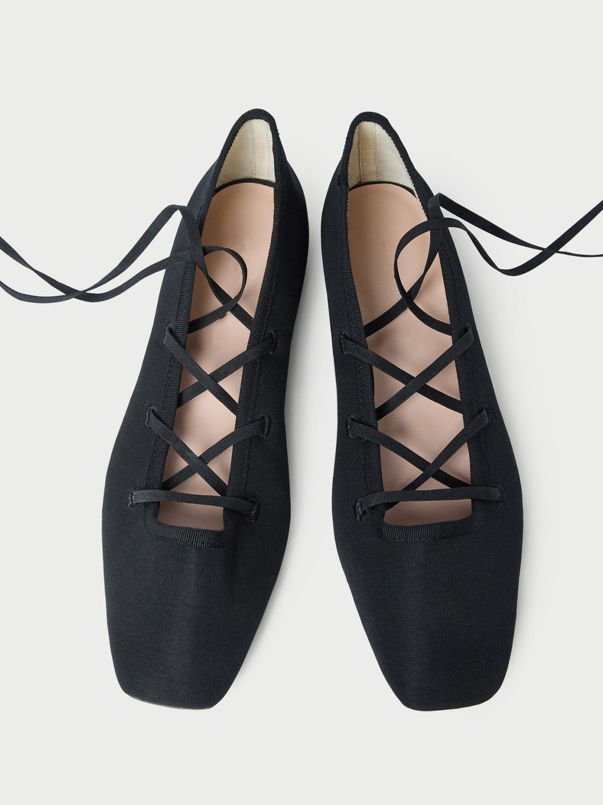 Black Cloth Square-Toe Lace-Up Ballet Flats