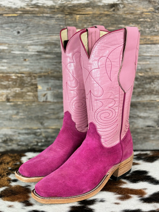 Contrast Fuchsia Faux Suede And Metallic Light Pink Embroidery Square-Toe Wide Mid Calf Tall Cowgirl Boots