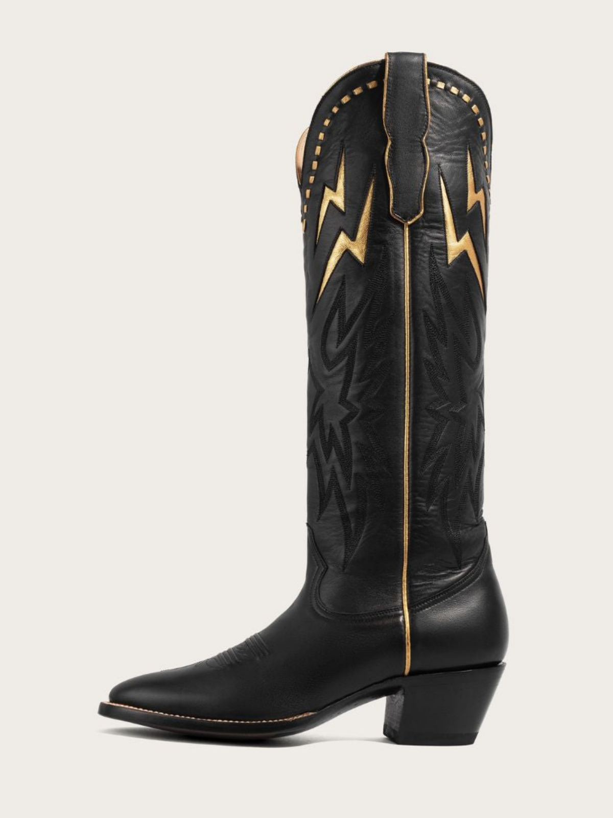 Metallic Gold Lightning Inlay Stitch Embroidery Almond-Toe Wide Mid Calf Tall Cowgirl Boots - Black