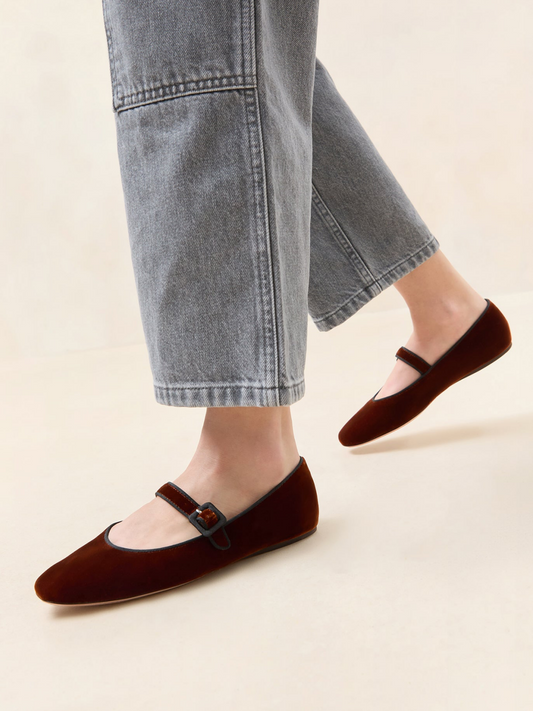 Sienna Velvet Square-Toe Adjustable Bridge Strap Mary Janes Ballet Flats