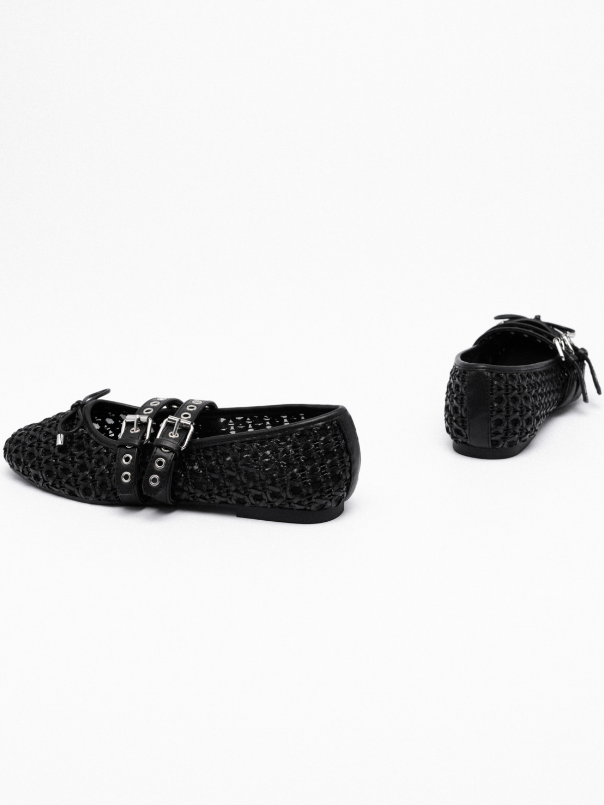 Black Raffia Woven Bow Ballet Flats Mary Janes With Grommet Buckled Straps